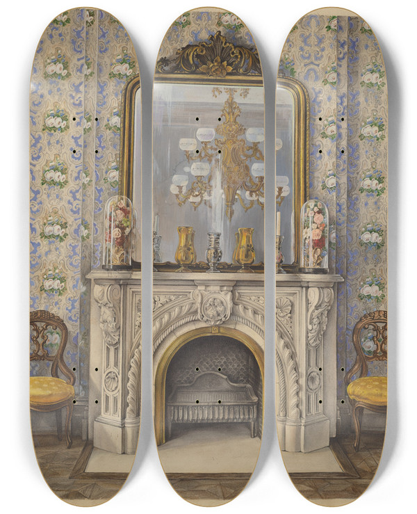 Triptych art skateboard deck of Elisabeth Fulda Portion Of A Drawing Room by Elisabeth Fulda