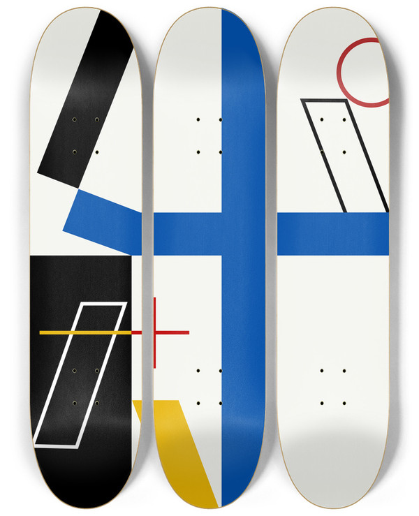 Triptych art skateboard deck of Myriam Thyes Four Spaces With A Broken Cross by Myriam Thyes (1963)