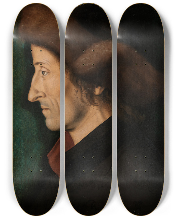 Triptych art skateboard deck of Hans Burgkmair The Elder Bildnis Des Sebastian Brant by Hans Burgkmair The Elder (1473-1531)