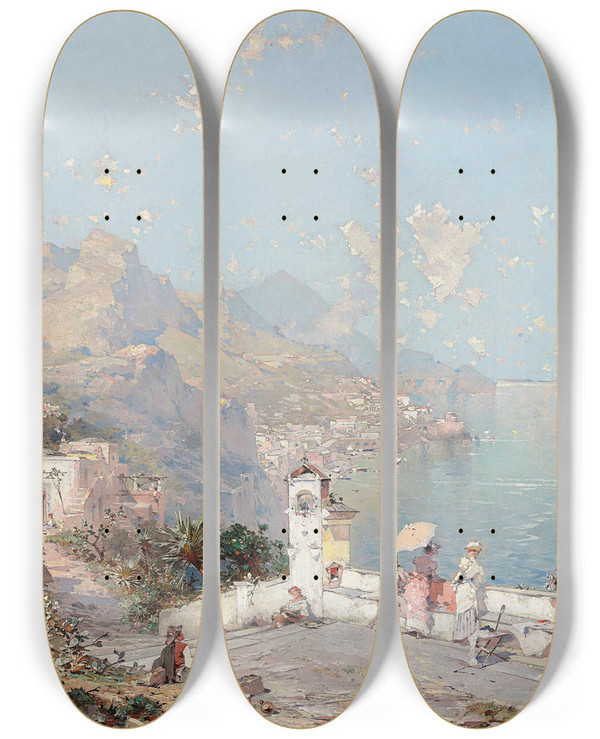 Triptych art skateboard deck of Franz Richard Unterberger The Amalfi Coast_2 by Franz Richard Unterberger (1838-1902)