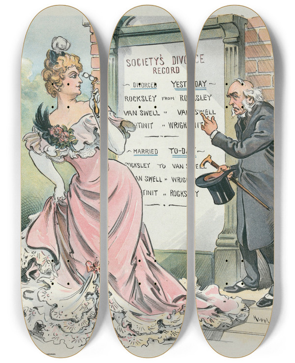Triptych art skateboard deck of Udo Keppler A Foolish Request by Udo Keppler (1872-1956)