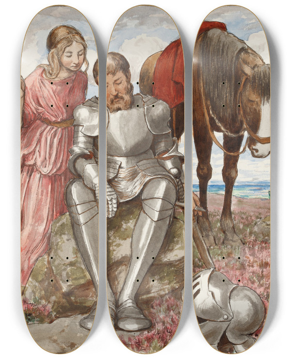 Triptych art skateboard deck of Hans Thoma Erika And Seated Knight by Hans Thoma (1839-1924)