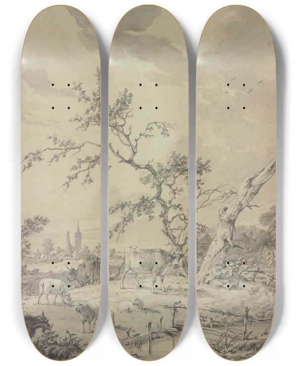 Triptych art skateboard deck of Adrianus De Visser Hirtenknabe Mit Rindern Schafen Und Ziegen Bei Einem Drren Und Einem Abgestorbenen Baum Im Hintergrund Ruinen Ein Turm Und Eine Kirche by Adrianus de Visser (1762-1837)