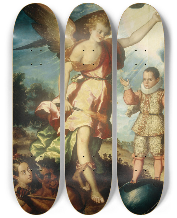 Triptych art skateboard deck of Luis Jurez The Guardian Angel by Luis Juarez (1585-1639)