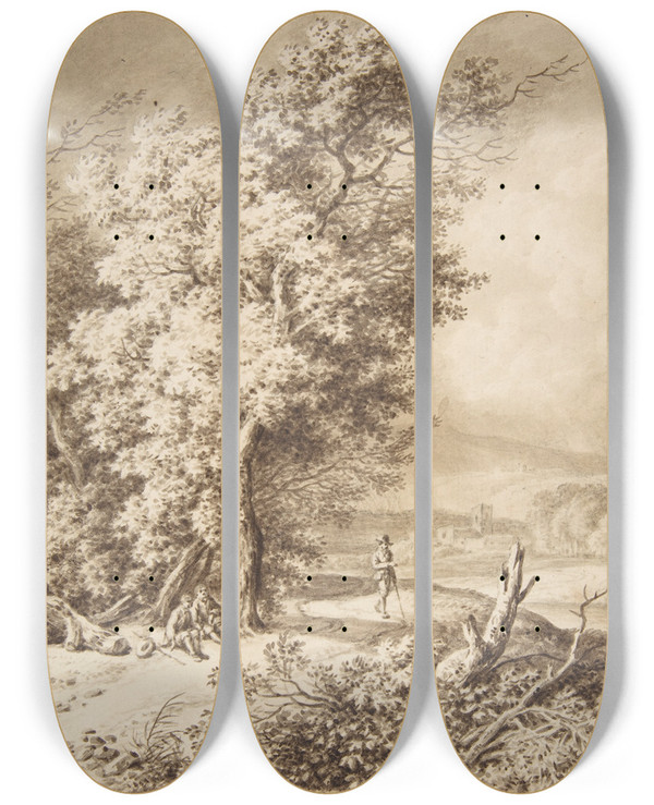 Triptych art skateboard deck of Ferdinand Kobell Landscape With Wayfarers by Ferdinand Kobell (1740-1799)