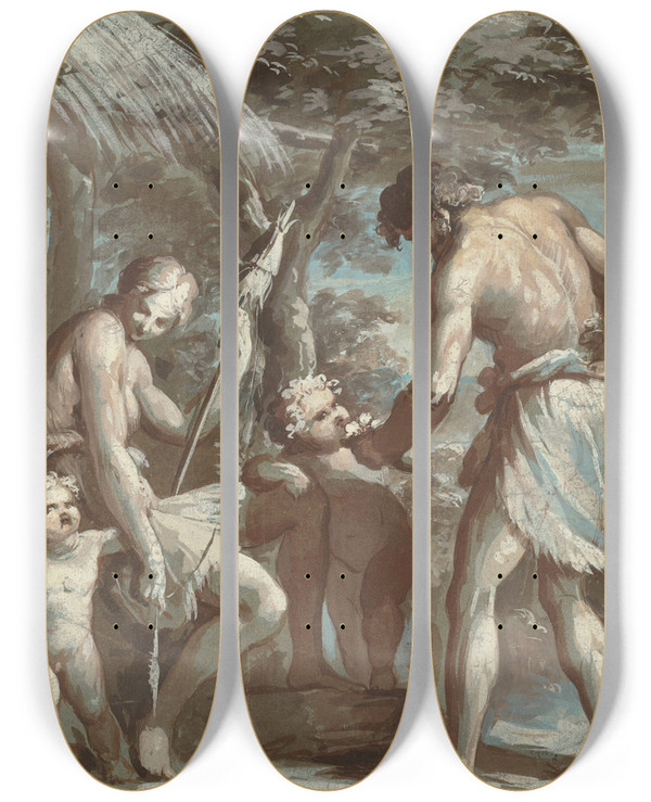 Triptych art skateboard deck of Carlo Alberto Baratta Adam And Eve With Cain And Abel by Carlo Alberto Baratta (1754-1815)