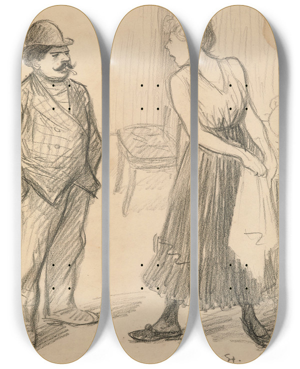 Triptych art skateboard deck of Thophile Alexandre Steinlen La Dispute by Theophile Alexandre Steinlen (1859-1923)
