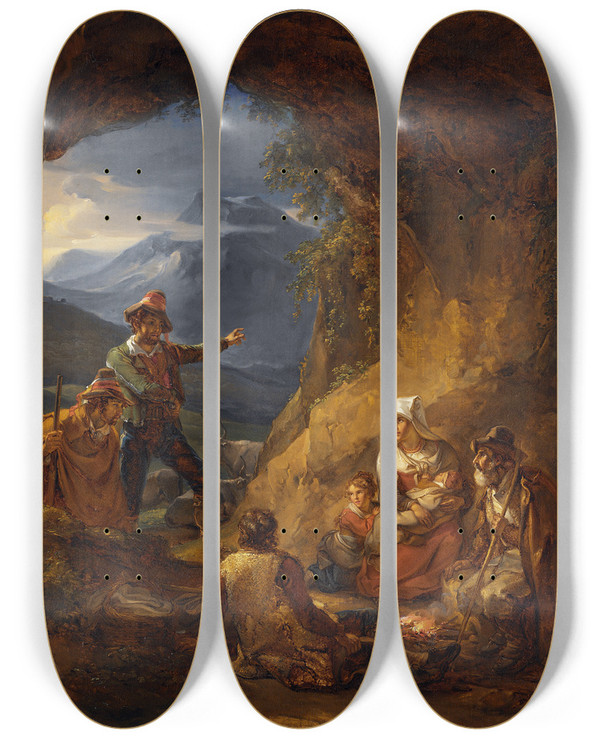 Triptych art skateboard deck of Alexander Laurus Bandits Entering A Shepherds Dwelling by Alexander Laureus (1783-1823)