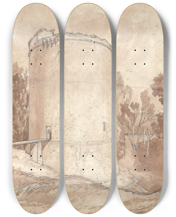 Triptych art skateboard deck of John Sell Cotman Round Tower Castle Of Lillebonne Normandy by John Sell Cotman (1782-1842)