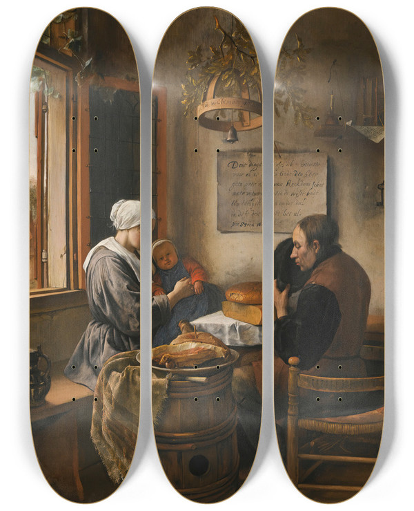 Triptych art skateboard deck of Jan Steen The Prayer Before The Meal by Jan Steen (1626-1679)