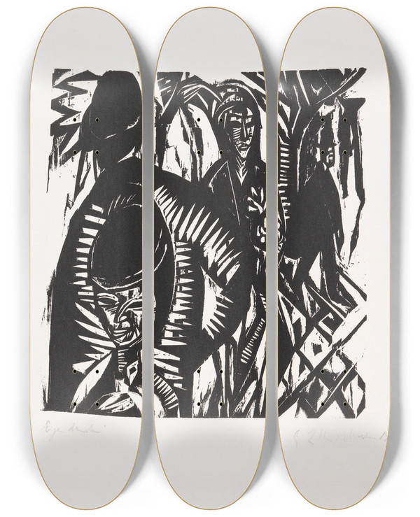 Triptych art skateboard deck of Ernst Ludwig Kirchner Straenszene Nach Dem Regen by Ernst Ludwig Kirchner (1880-1938)