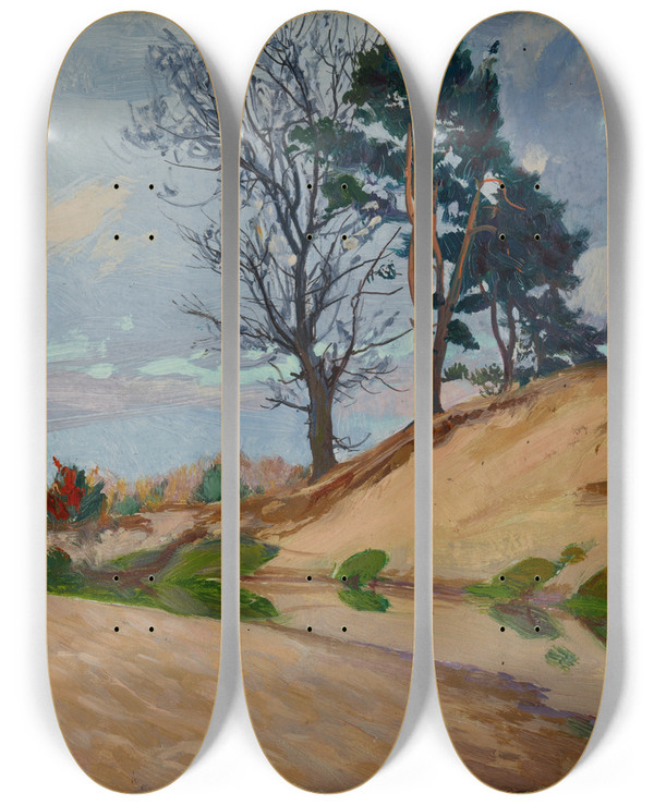 Triptych art skateboard deck of Ambroy Sabatowski Sandy Bank Of The Kamienna River by Ambrozy Sabatowski (1871-1920)