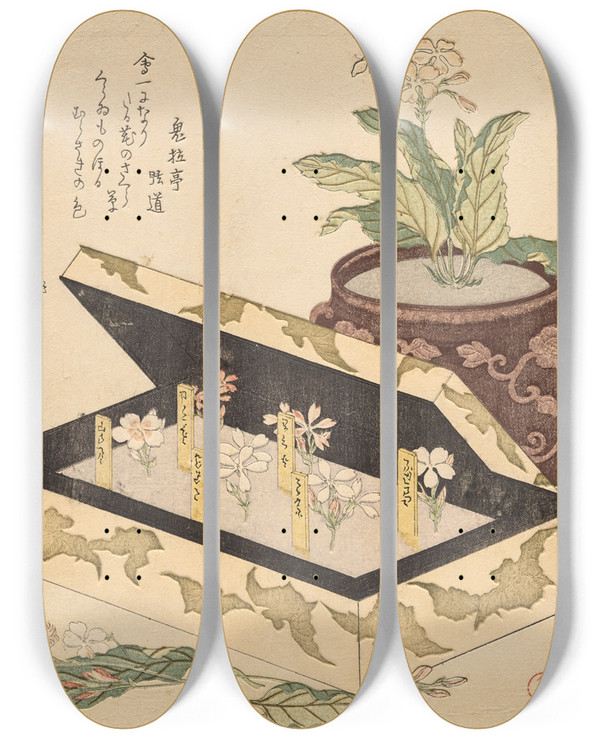 Triptych art skateboard deck of Kubo Shunman Assortment Of Primroses In A Lacquerbox by Kubo Shunman (1757-1820)
