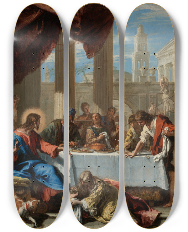 Triptych art skateboard deck of Sebastiano Ricci Christ In The House Of Simon by Sebastiano Ricci (1659-1734)