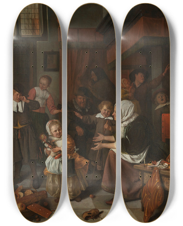Triptych art skateboard deck of Jan Steen The Feast Of St Nicholas by Jan Steen (1626-1679)