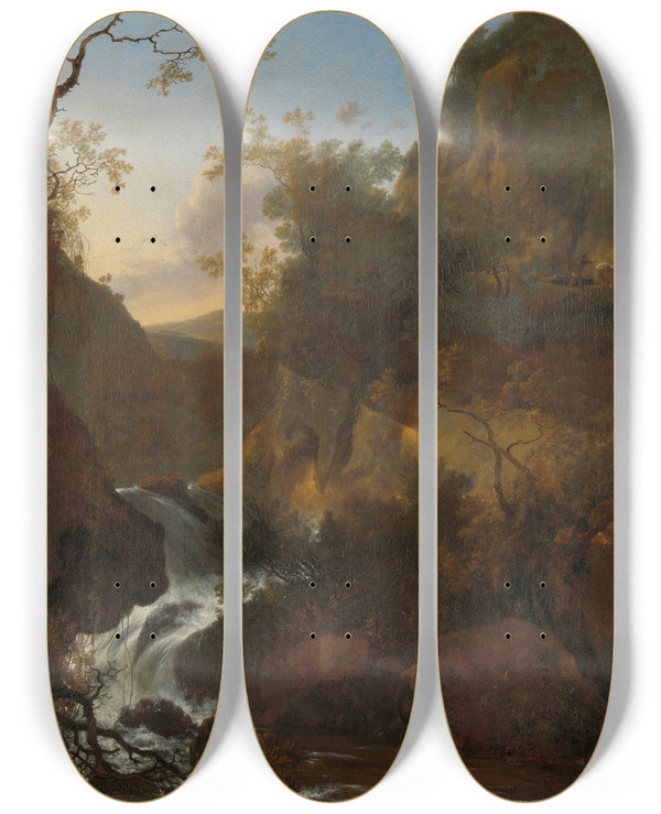 Triptych art skateboard deck of Adam Pynacker A Waterfall by Adam Pynacker (1615-1673)