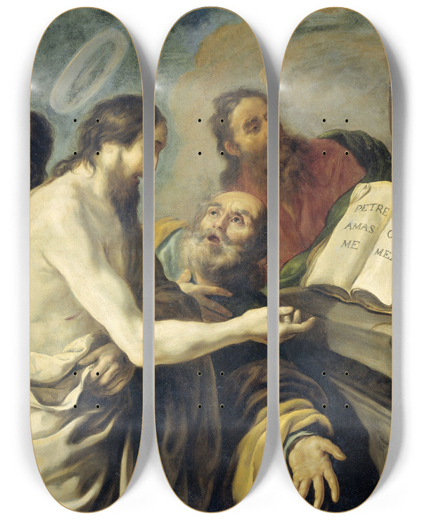 Triptych art skateboard deck of Claude Vignon Christ Instructs Peter To Feed My Sheep by Claude Vignon (1593-1670)