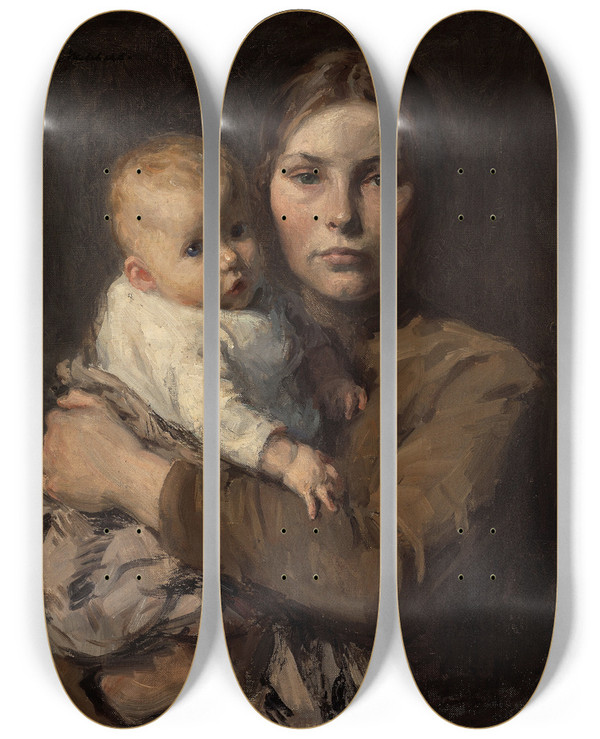 Triptych art skateboard deck of Gari Melchers Mother And Child_2 by Gari Melchers (1860-1932)
