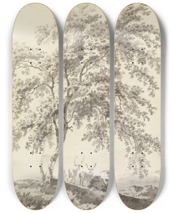 Triptych art skateboard deck of George Barret Tree Study With Stags Landscape by George Barret (1767-1842)