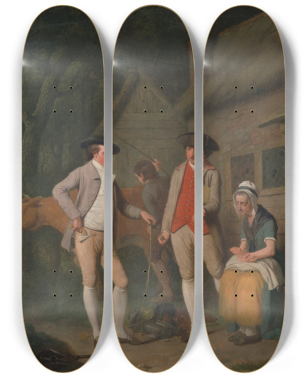 Triptych art skateboard deck of Edward Penny Widow Costards Cow And Goods Distrained For Taxes Are Redeemed By The Generosity Of Johnny Pearma by Edward Penny (1714-1791)