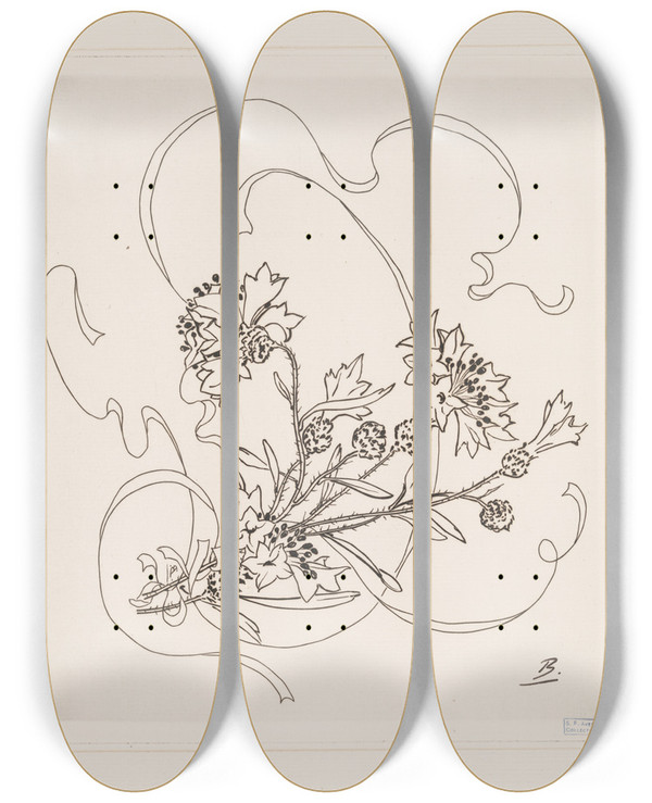 Triptych art skateboard deck of Flix Bracquemond Assiette Bleuet by Felix Bracquemond (1833-1914)