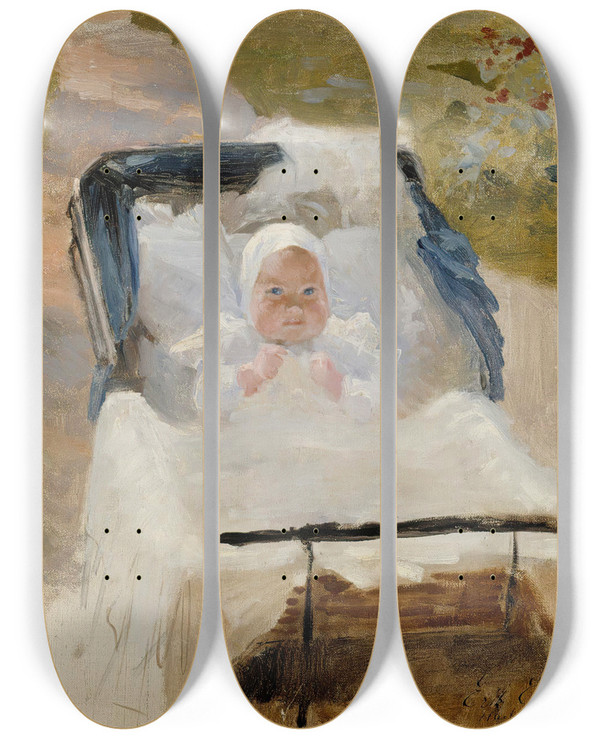 Triptych art skateboard deck of Albert Edelfelt The Artists Son Erik In A Pram by Albert Edelfelt (1854-1905)