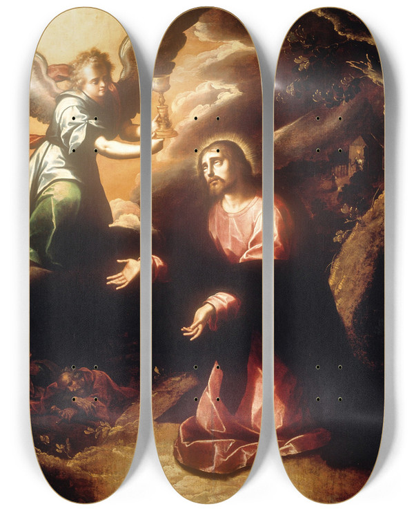 Triptych art skateboard deck of Luis Jurez The Prayer In The Garden by Luis Juarez (1585-1639)