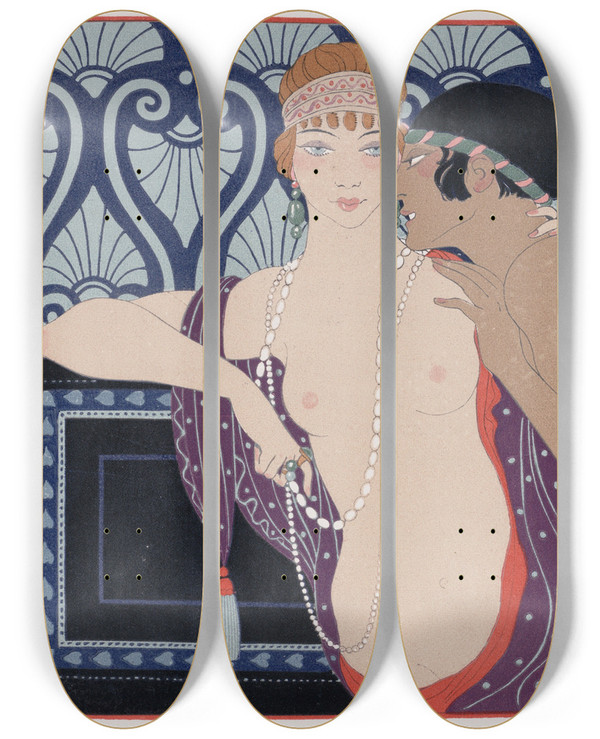 Triptych art skateboard deck of George Barbier Les Trois Beautes De Mnasidika by George Barbier (1882-1932)