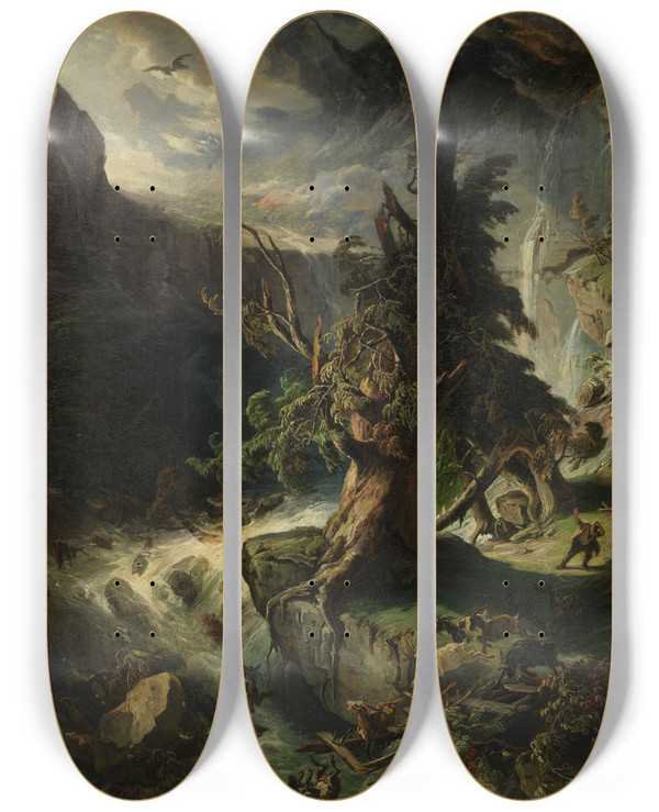 Triptych art skateboard deck of Daniel Fohr Rbezahls Walten Im Riesengebirge by Daniel Fohr (1801-1862)