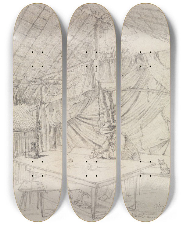 Triptych art skateboard deck of Ferdinand Keller Sitzender Mann An Einem Zeichentisch by Ferdinand Keller (1842-1922)
