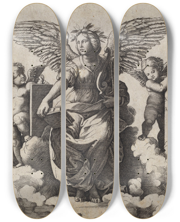 Triptych art skateboard deck of Marcantonio Raimondi Poetry by Marcantonio Raimondi (1470-1527)