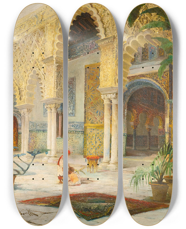 Triptych art skateboard deck of Julio Montenegro The Courtyard Of The Alhambra by Julio Montenegro (1867-1932)