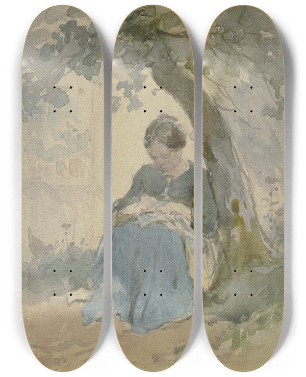 Triptych art skateboard deck of Philipp Rumpf Frau Mit Nharbeit Unter Einem Baum Sitzend by Philipp Rumpf (1821-1896)