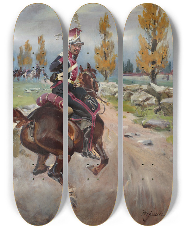 Triptych art skateboard deck of Wojciech Kossak Light Cavalryman On Reconnaissance by Wojciech Kossak (1857-1942)