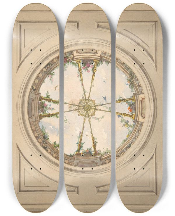 Triptych art skateboard deck of Julesedmondcharles Lachaise Design For A Ceiling Painted With Clouds And Trellis Work by Jules-Edmond-Charles Lachaise (1897)