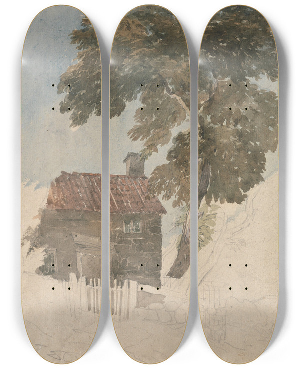 Triptych art skateboard deck of David Cox Cottage And Trees by David Cox (1783-1859)