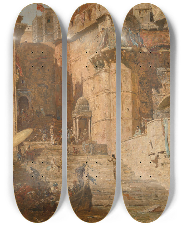 Triptych art skateboard deck of Marius Bauer Benares 1913 by Marius Bauer (1867-1932)