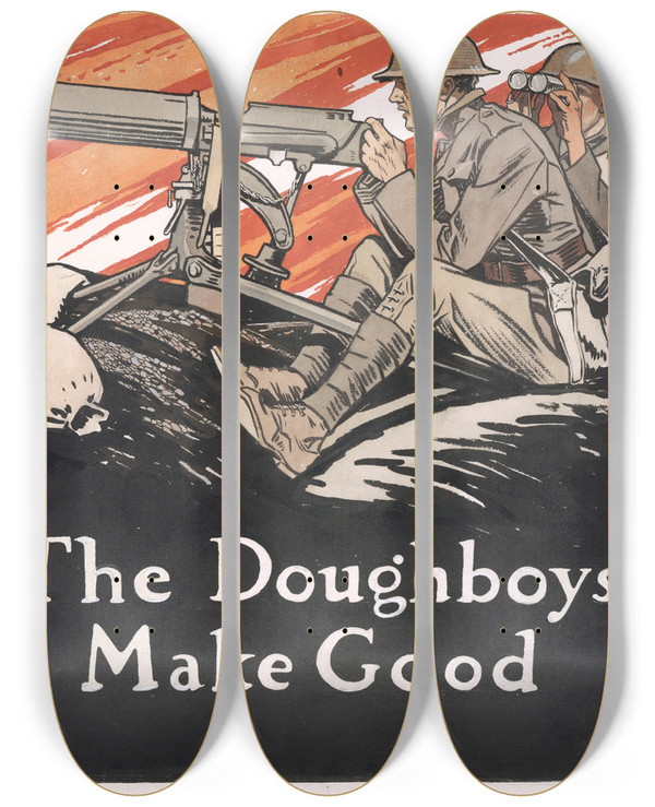 Triptych art skateboard deck of Edward Penfield The Doughboys Make Good by Edward Penfield (1866-1925)