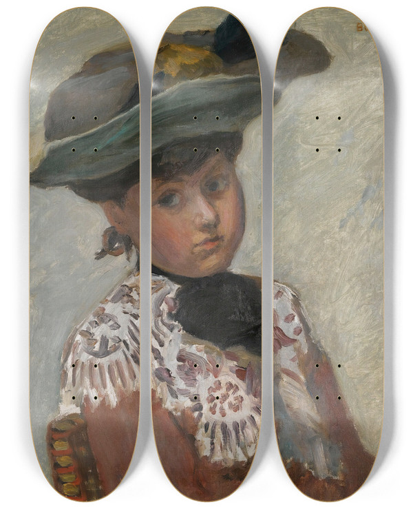 Triptych art skateboard deck of Pierre Bonnard Portrait De Jeune Femme Or Le Chapeau by Pierre Bonnard (1867-1947)