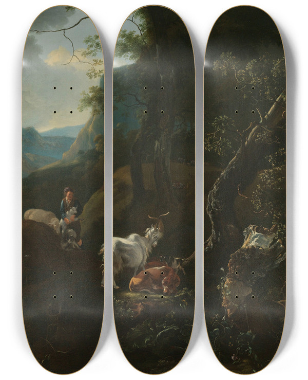 Triptych art skateboard deck of Adam Pynacker A Sherpherdess With Animals In A Mountainous Landscape by Adam Pynacker (1615-1673)