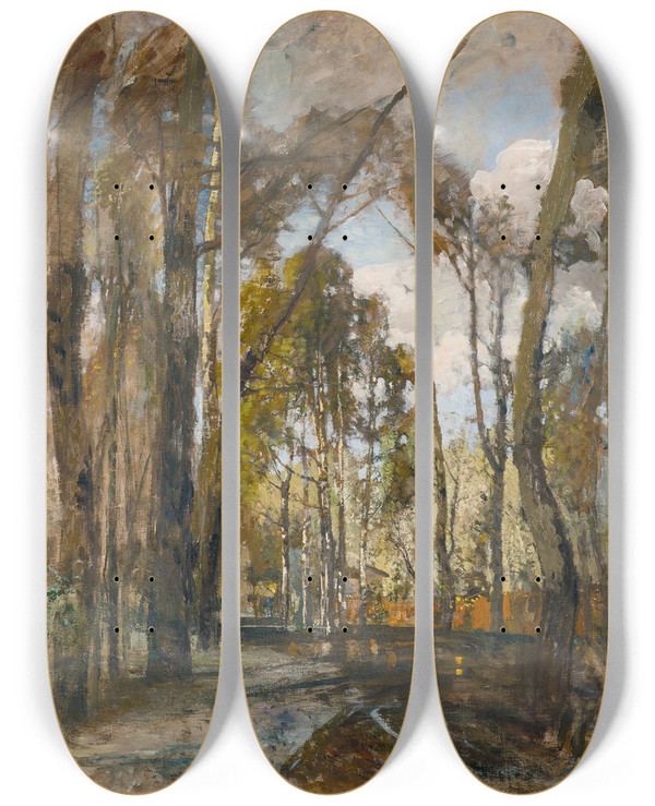 Triptych art skateboard deck of Tina Blau The Prater Gardens After The Rain by Tina Blau (1845-1916)