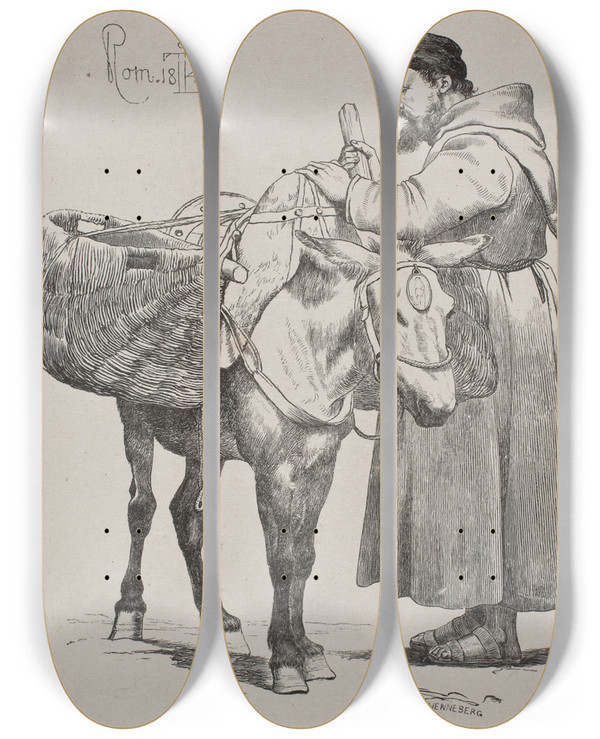Triptych art skateboard deck of Hans Christian Henneberg En Tiggermunk Med Sit Paksel by Hans Christian Henneberg (1826-1893)