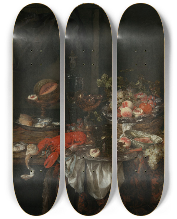 Triptych art skateboard deck of Abraham Van Beyeren Banquet Still Life by Abraham Van Beyeren (1620-1690)