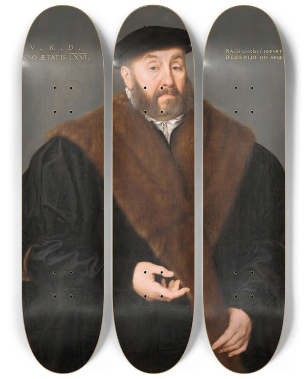 Triptych art skateboard deck of Nicolas Neufchtel Portrait Of Valentin Ktzler 14991564 by Nicolas Neufchatel (1527-1590)