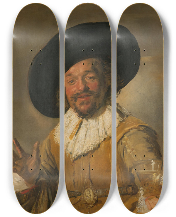 Triptych art skateboard deck of Frans Hals A Militiaman Holding A Berkemeyer Known As The Merry Drinker by Frans Hals (1581-1666)