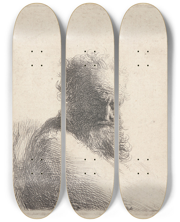 Triptych art skateboard deck of Rembrandt Van Rijn Bust Of An Old Bearded Man Looking Down by Rembrandt Van Rijn (1606-1669)