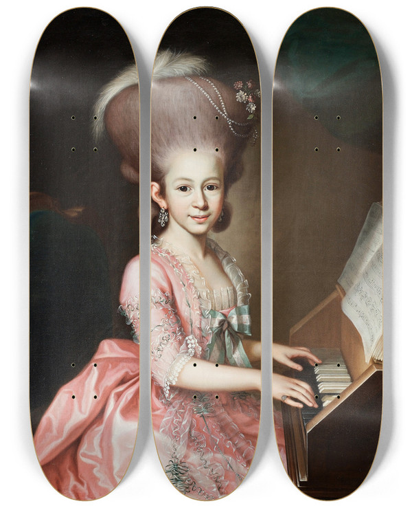 Triptych art skateboard deck of Georg Anton Urlaub Portrait Of A Young Lady At The Clavichord Said To Be Henriette Haussmann by Georg Anton Urlaub (1713-1759)