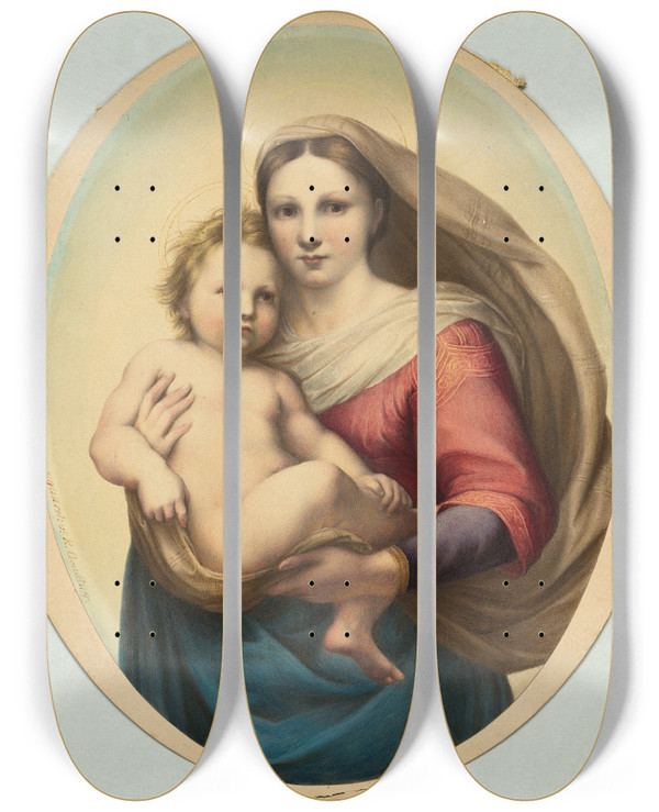 Triptych art skateboard deck of Rudolph Geudtner Copy After Raphaels Sistine Madonna by Rudolph Geudtner (1811-1892)