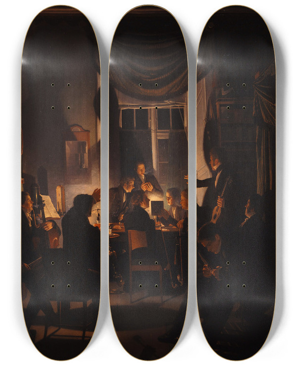 Triptych art skateboard deck of Wilhelm Bendz A Smoking Party by Wilhelm Bendz (1804-1832)