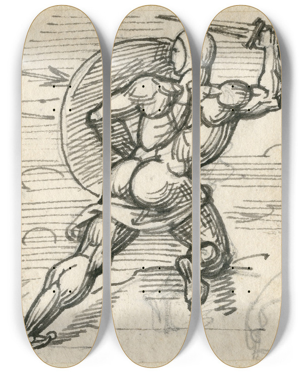 Triptych art skateboard deck of David Humbert De Superville Halfgeknielde Krijger In Gevecht Rugfiguur by David Humbert De Superville (1770-1849)